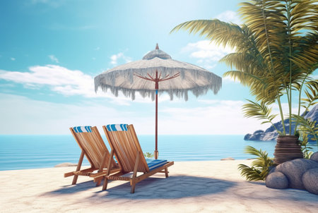 beach chairs and umbrella on the beach, travel concept, Generative AIの素材