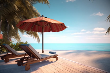 beach chairs and umbrella on the beach, travel concept, Generative AIの素材