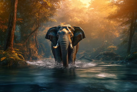 elephant in the river in the middle of the forest. generative aiの素材