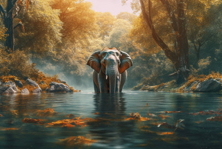 elephant in the river in the middle of the forest. generative aiの素材
