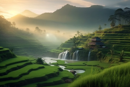 view of rice field in sunny morning. generative aiの素材