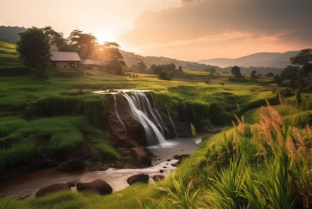 view of rice field in sunny morning. generative aiの素材