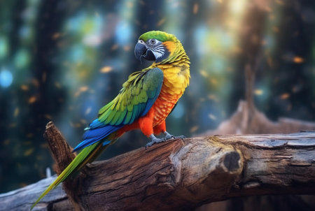 parrot on a wooden branch in the middle of the forest. generative aiの素材
