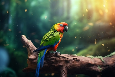 parrot on a wooden branch in the middle of the forest. generative aiの素材
