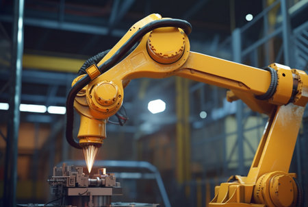 Mechanical industrial robotic arm for assembly in factory production line. generative aiの素材