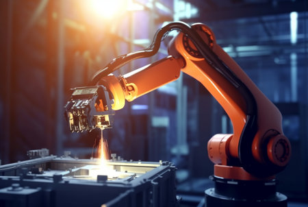 Mechanical industrial robotic arm for assembly in factory production line. generative aiの素材