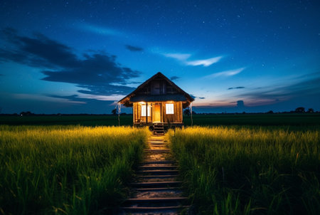 landscape view of a hut in the middle of a rice field with a milky way. long exposure photography. generative aiの素材
