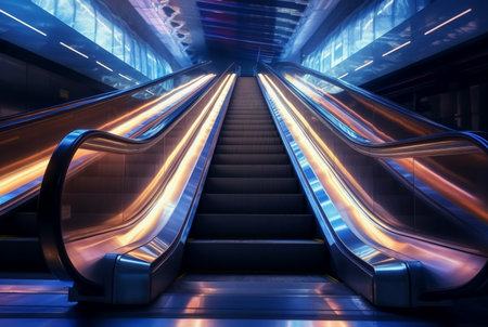 Blurred moving modern escalator. technologyの素材