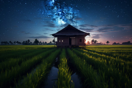 landscape view of a hut in the middle of a rice field with a milky way. long exposure photography. generative aiの素材