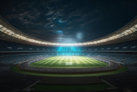 Stadium in lights at night. shiny lights, view from field. generative aiの素材