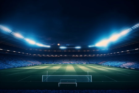 Stadium in lights at night. shiny lights, view from field. generative aiの素材