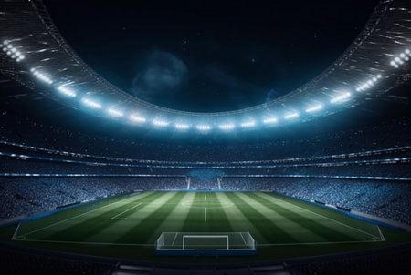 Stadium in lights at night. shiny lights, view from field. generative aiの素材