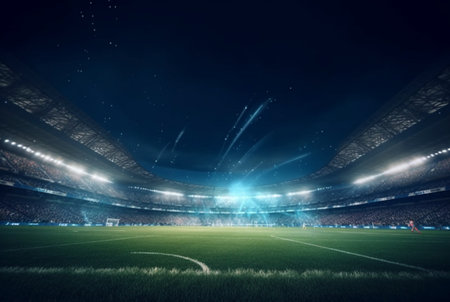 Stadium in lights at night. shiny lights, view from field. generative aiの素材