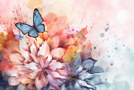 Beatiful Butterfly with flowers,watercolor drawing. generative aiの素材