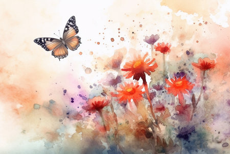 Beatiful Butterfly with flowers,watercolor drawing. generative aiの素材