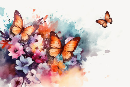 Beatiful Butterfly with flowers,watercolor drawing. generative aiの素材