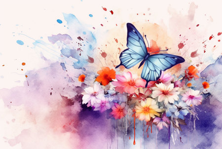 Beatiful Butterfly with flowers,watercolor drawing. generative aiの素材