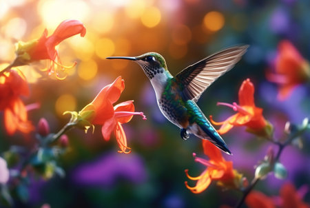 Humming bird hovering over colorful, pollen filled flowers. Generative AIの素材
