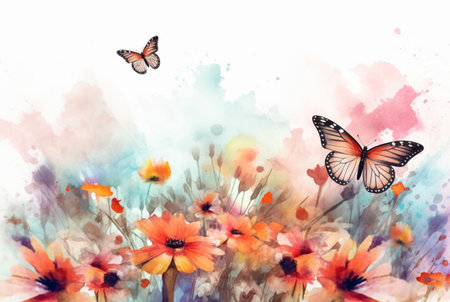Beatiful Butterfly with flowers,watercolor drawing. generative aiの素材