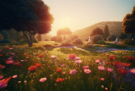 Flower garden with beautiful sunrise in the morning. generative aiの素材
