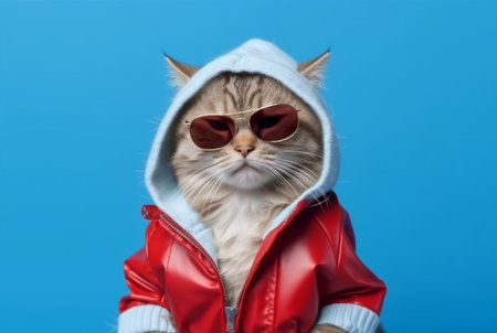 Cute cat wearing jacket and glasses isolated on blue background. generative aiの素材