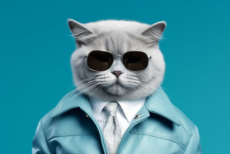 Cute cat wearing jacket and glasses isolated on blue background. generative aiの素材