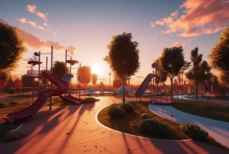Children's recreation park with beautiful sunrise in the morning. generative aiの素材