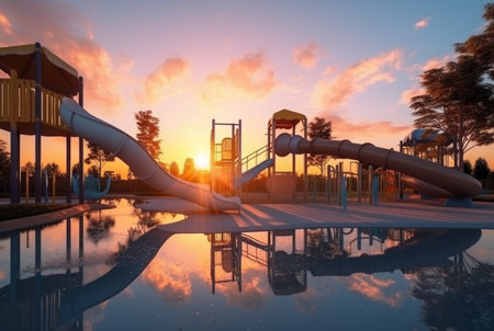 Children's recreation park with beautiful sunrise in the morning. generative aiの素材