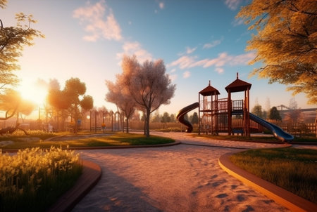 Children's recreation park with beautiful sunrise in the morning. generative aiの素材