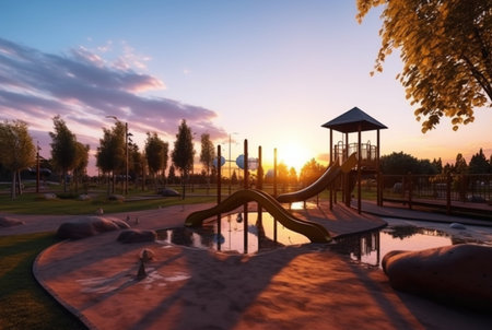 Children's recreation park with beautiful sunrise in the morning. generative aiの素材