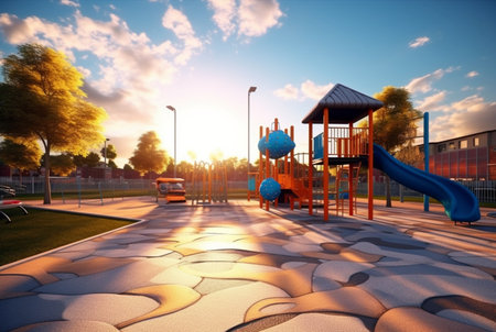 Children's recreation park with beautiful sunrise in the morning. generative aiの素材