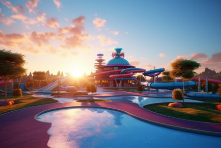 Children's recreation park with beautiful sunrise in the morning. generative aiの素材