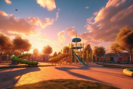 Children's recreation park with beautiful sunrise in the morning. generative aiの素材