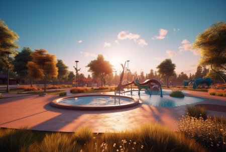 Children's recreation park with beautiful sunrise in the morning. generative aiの素材