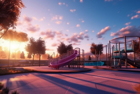 Children's recreation park with beautiful sunrise in the morning. generative aiの素材