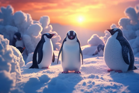 penguins playing in the snow with the beauty of the sunset. generative aiの素材