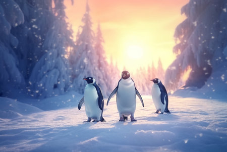 penguins playing in the snow with the beauty of the sunset. generative aiの素材