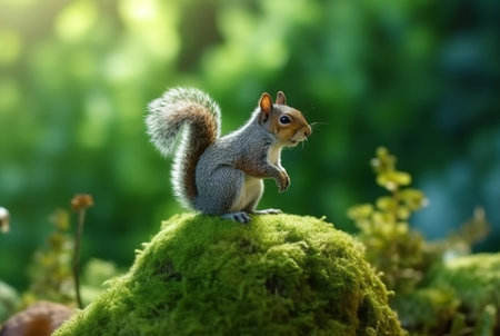 Squirrel on green mossy rock with blurred background. generative aiの素材