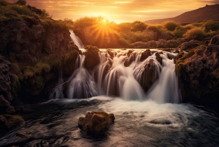 The beauty of the waterfall with the sunrise in the morning, long exposure. generative aiの素材