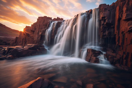 The beauty of the waterfall with the sunrise in the morning, long exposure. generative aiの素材