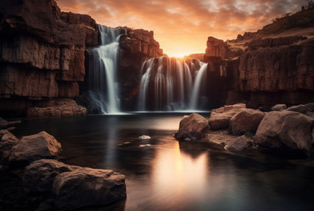 The beauty of the waterfall with the sunrise in the morning, long exposure. generative aiの素材
