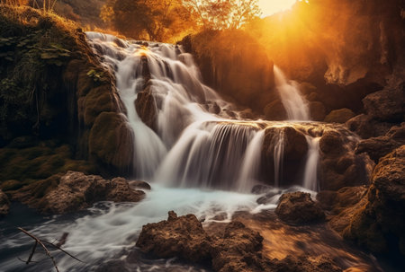 The beauty of the waterfall with the sunrise in the morning, long exposure. generative aiの素材
