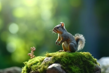 Squirrel on green mossy rock with blurred background. generative aiの素材