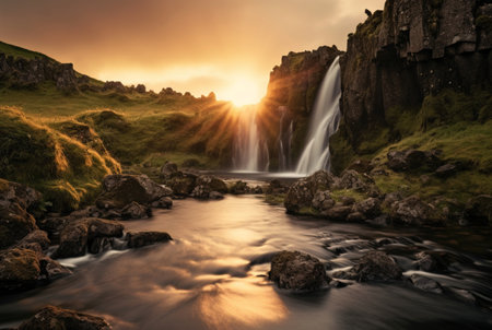 The beauty of the waterfall with the sunrise in the morning, long exposure. generative aiの素材