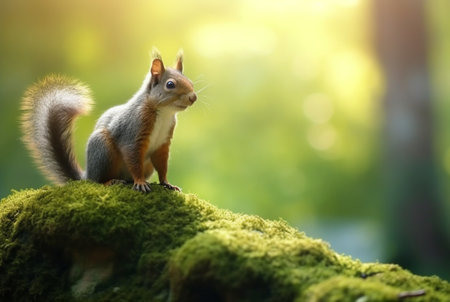 Squirrel on green mossy rock with blurred background. generative aiの素材