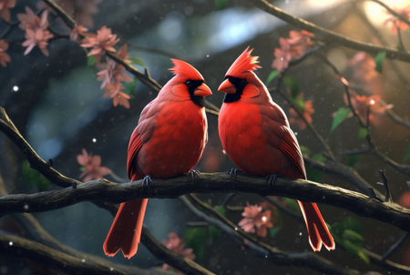 romantic coupling of cardinas birds on a branch. generative aiの素材