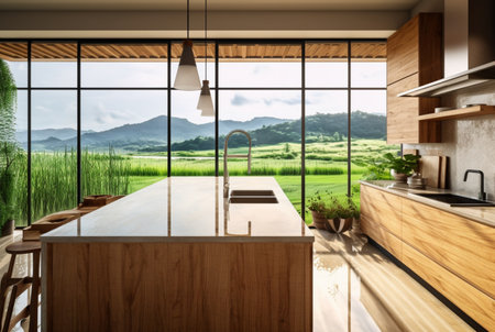 Luxurious kitchen with wood design and natural view. generative aiの素材