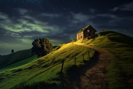 View of the hut on the hill, long exposure. generative aiの素材