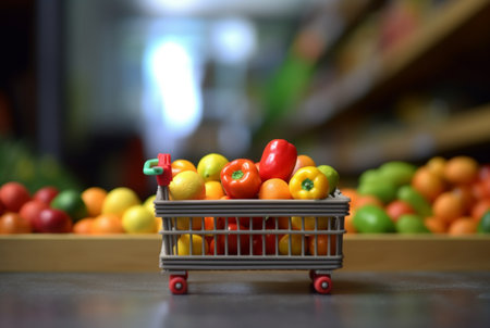 Miniature shopping cart with wheels filled with fresh fruits on wooden table with blurred background in supermarket. generative aiの素材