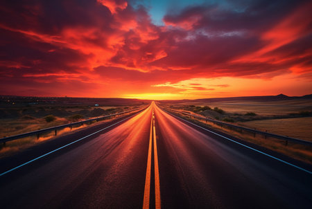 View of asphalt road with beautiful sunset in the evening. generative aiの素材